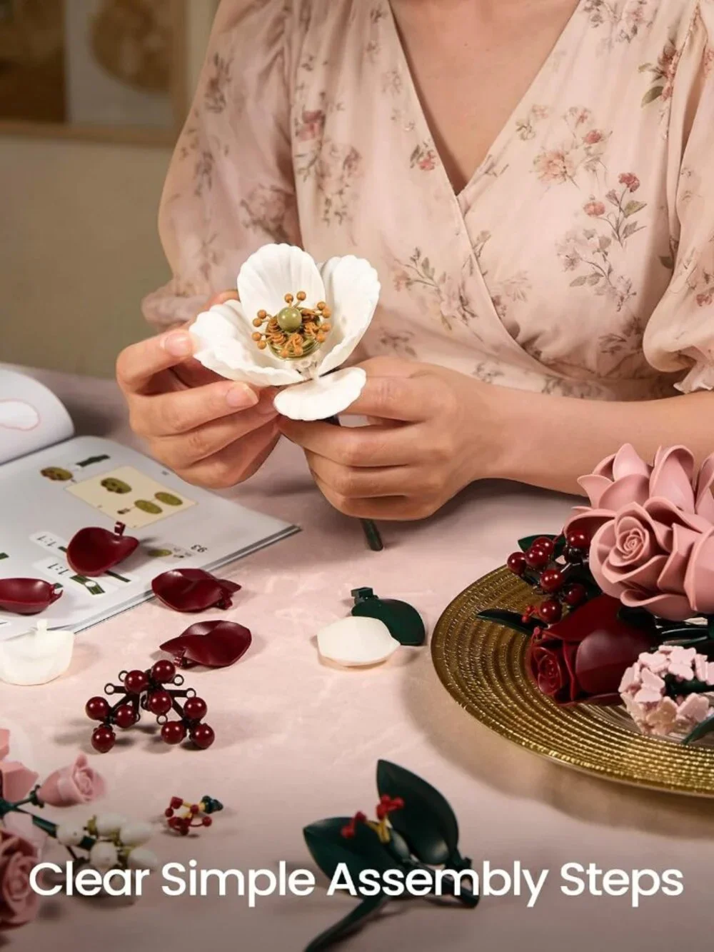 Pink Roses Flower Bouquet Building Set - Artificial Floral Decor for Home